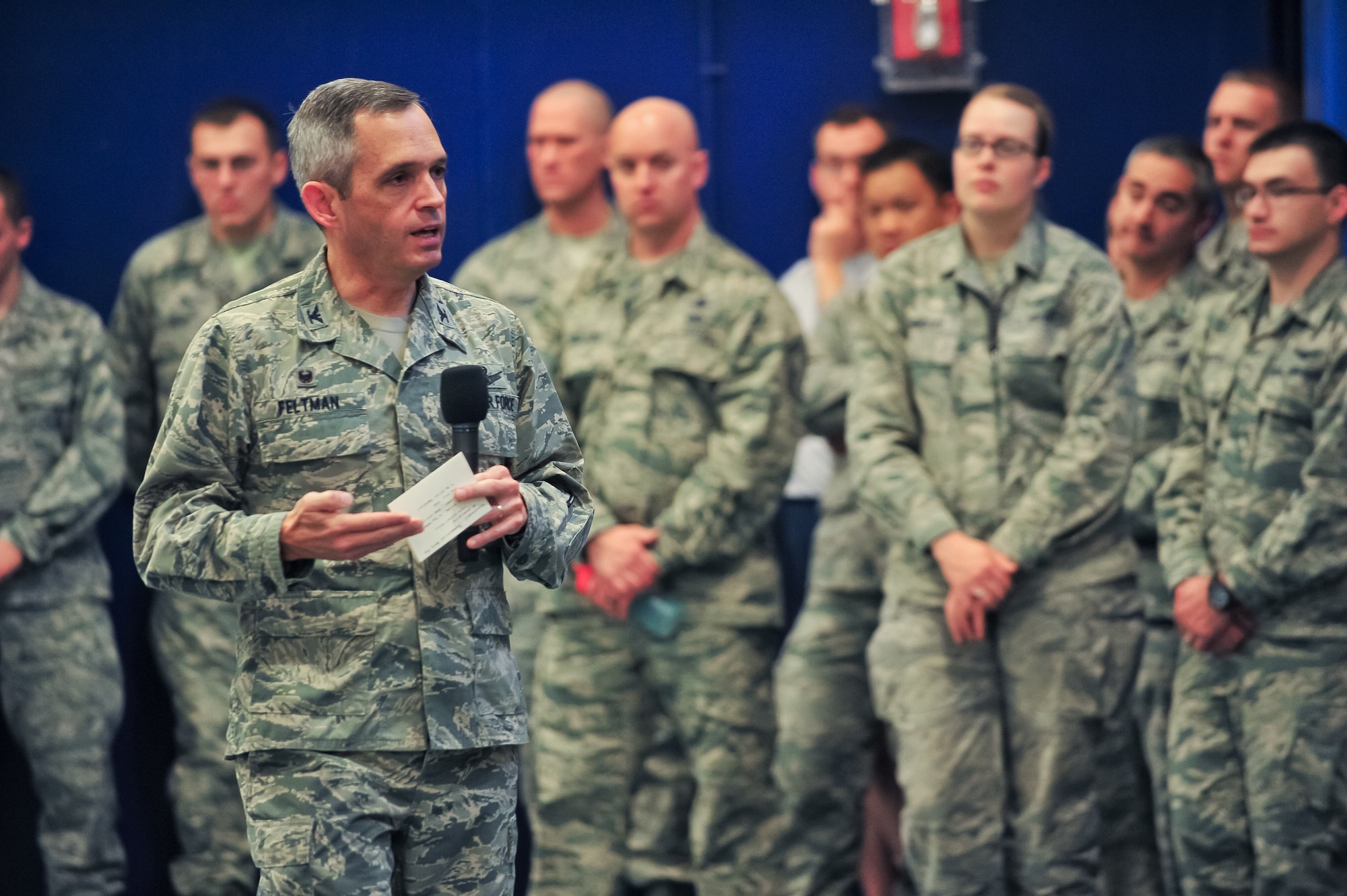 Air Force Reserve Col. Damon S. Feltman, 310th Space Wing Commander, addresses his Airmen during a commander's call May 2, 2015, at Schriever Air Force Base, Colo.
(U.S. Air Force photo/Tech. Sgt. Nicholas B. Ontiveros)