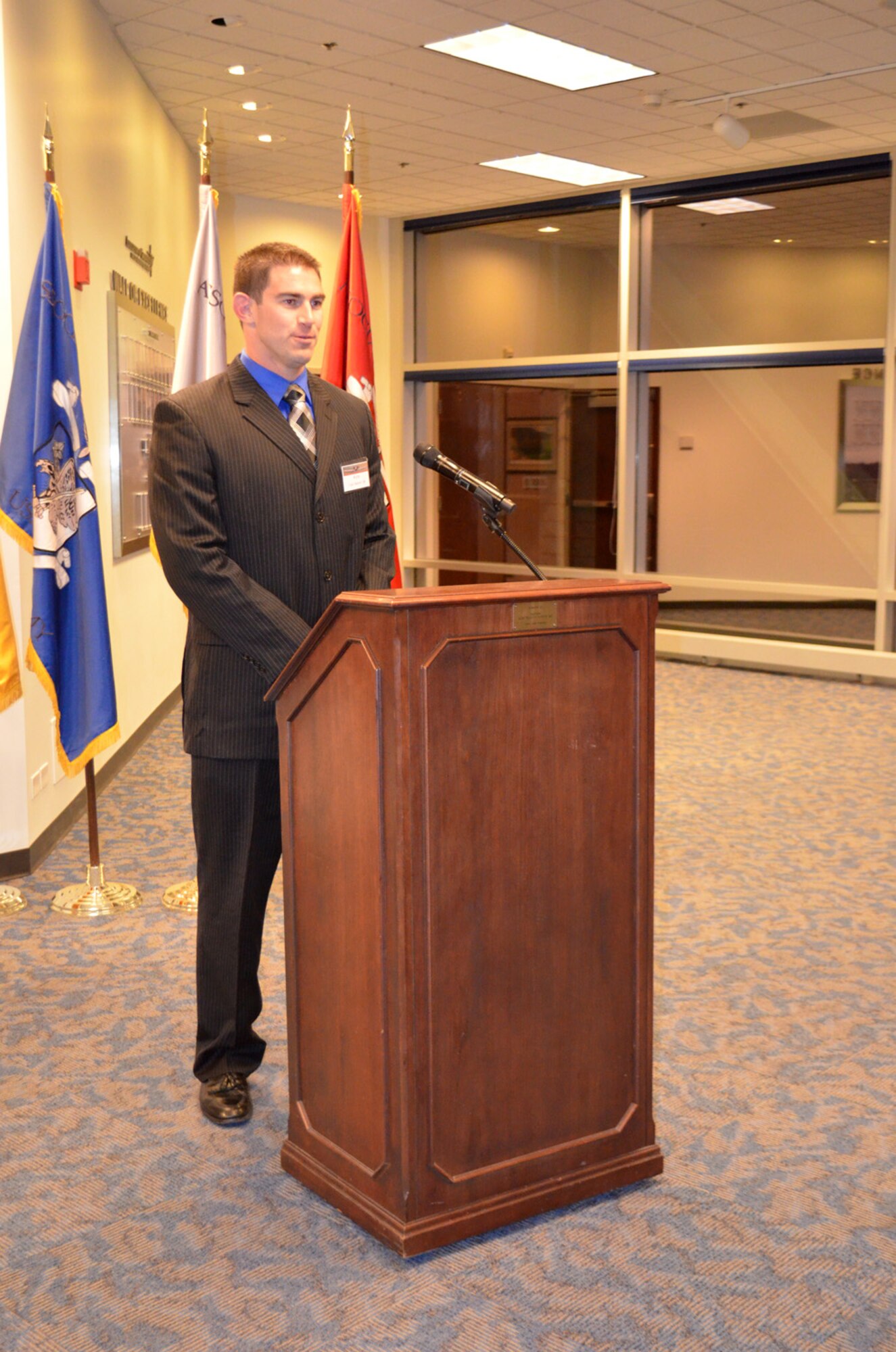 Capt. Kyle Babbit, 303d Fighter Squadron A-10 Thunderbolt II pilot, thanks those in attendance at his dinner at the Air Force Academy May 1 for The Jabara Award for Airmanship.  Babbitt was presented the award for his professionalism and Airmanship while deployed down range in 2013-2014. (U.S. Air Force photo by Capt. Denise Haeussler)