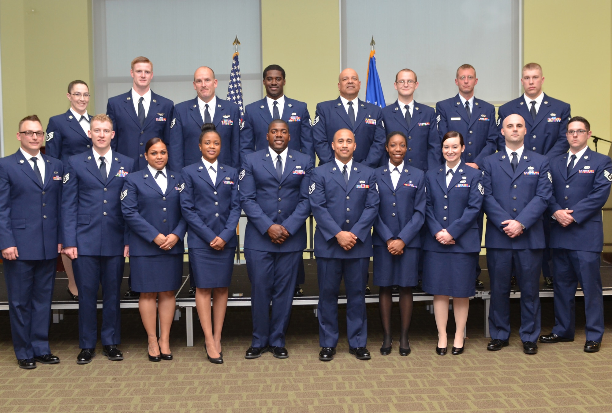 18 staff sergeants from the 512th Airlift Wing were inducted into the Noncommissioned Officer Corps May 2, 2015, during a ceremony at Delaware State University, Dover, Del. The 512th Top 3 Association hosted the 10th Annual NCO Induction Ceremony. (U.S. Air Force photo/2nd Lt. Steve Lewis)

