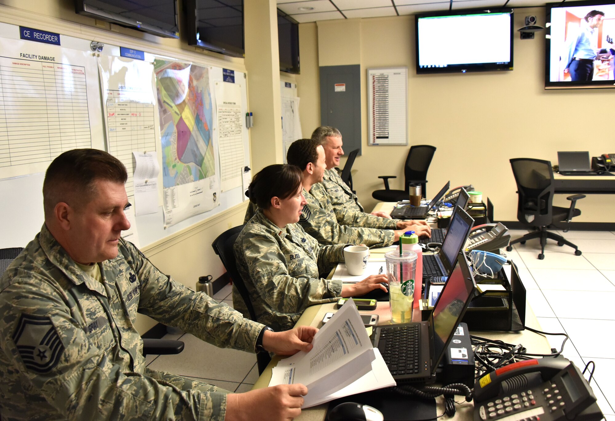 Maryland Air National Guardsmen work in the Emergency Operations Center at Warfield Air National Guard Base in Baltimore May 1. The Airmen are supporting Operation Baltimore Rally during the state of emergency in Baltimore. (U.S. Air National Guard photo by Senior Master Sgt. Ed Bard/RELEASED)