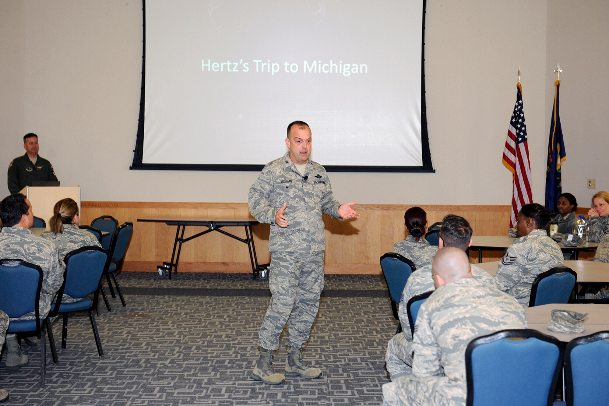 150503-Z-EZ686-006 -- Col. Edward Vaughan, director of safety for the National Guard Bureau, gives a presentation to the members of the 127th Wing on the annual Wingman Day at Selfridge Air National Guard Base, Mich., on May 3, 2015.  The Annual Wingman Day focuses on  reinforcing the wingman concept as the foundation to building resilient Airman. (U.S. Air National Guard photo by MSgt. David Kujawa/Released)