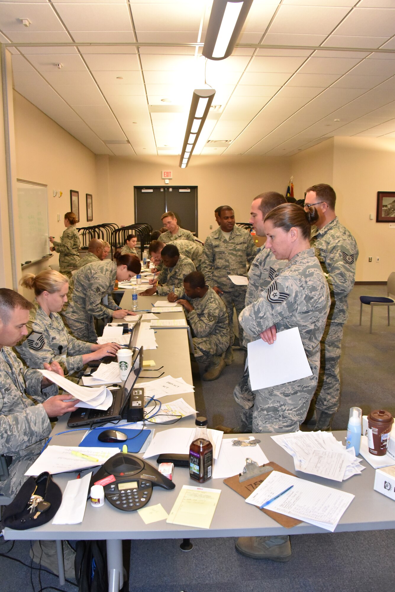 Maryland Air National Guardsmen in process at Warfield Air National Guard Base in Baltimore May 1. The Airmen are supporting Operation Baltimore Rally during the state of emergency in Baltimore. (U.S. Air National Guard photo by Senior Master Sgt. Ed Bard/RELEASED)