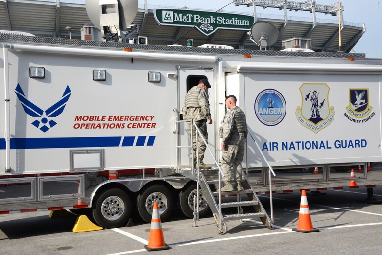 The Air National Guard emergency operations center operates from a parking lot near M&T Bank Stadium in Baltimore, Md., April 30, 2015. The EOC provides a critical command, control, and communications capability and was deployed in response to the rioting in Baltimore. April 30, 2015. (Air National Guard photo by Tech. Sgt. Christopher Schepers/RELEASED)
