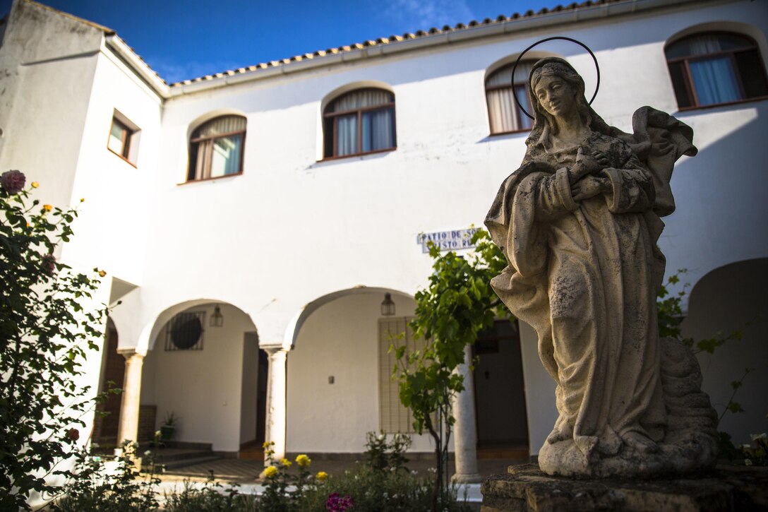 A statue adorns a central garden in the courtyard of the Santa Clara convent in Morón, Spain, April 23, 2015. U.S. service members with Special-Purpose Marine Air-Ground Task Force Crisis Response-Africa helped restore part of the convent, which has been in Morón for nearly 500 years. (U.S. Marine Corps photo by Sgt. Paul Peterson/Released)