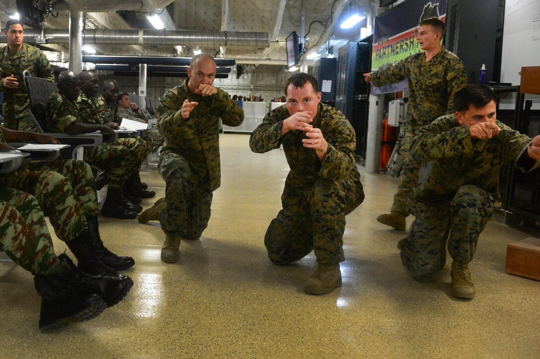 U.S. Marines demonstrate team rushes for embarked Cameroonian Naval
Commandos during search and seizure training aboard the USNS Spearhead March
19, 2015. The Cameroonian Commandos embarked aboard the Spearhead after the
theater security cooperation team left Cameroon to travel to Gabon. U.S.,
British Royal and Spanish Marines made up the team of Marines that spent
three months traveling to four different African countries training the
militaries of Ghana, Angola, Cameroon and Gabon on basic infantry skills,
marksmanship, small-boat operations and search and seizure techniques. (U.S.
Navy photo by Petty Officer 2nd Class Joshua Davies/Released)