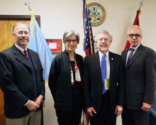 (l-r) ICIWaRM Deputy Director Dr. Will Logan; Dr. Flavia Schlegel, UNESCO Assistant Director-General for Natural Sciences, IWR and ICIWaRM Director Bob Pietrowsky, and George Papagiannis, head of UNESCO's External Relations and Information Liaison Office in New York; during Dr. Schlegel’s visit to IWR’s ICIWaRM on April 27, 2015.  