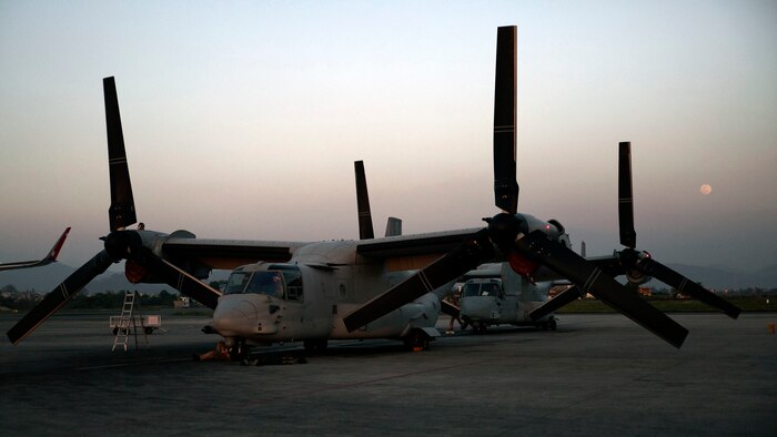 U.S. Marine V-22 Ospreys arrive at Tribhuvan International Airport in Kathmandu, Nepal, May 3. U.S. Marines also brought an UH-1N Huey, tools and equipment to support the government of Nepal. The Nepalese Government requested the U.S. Government’s help after a 7.8 magnitude earthquake struck their country, April 25. The aircraft are with Marine Medium Tiltrotor Squadron 262, Marine Aircraft Group 36, 1st Marine Aircraft Wing, III Marine Expeditionary Force. (U.S. Marine Corps photo by Lance Cpl. Mandaline Hatch/Released)