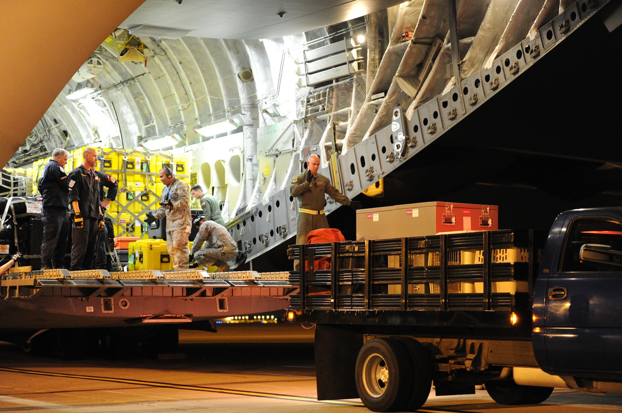 Team March airmen and members from an elite 57-person team, known as the Urban Search and Rescue Task Force 2 (CA-TF2), load equipment on a C-17 Globemaster III aircraft at March ARB, Calif., April 26, 2015. The CA-TF2 team, sponsored by the Los Angeles County Fire Department, Calif., was activated by the U.S. Agency for International Development’s Office of U.S. Foreign Disaster Assistance on Sunday to deploy to Nepal in support of earthquake emergency rescue operations.

(U.S. Air Force photo/Senior Airman Russell S. McMillan)
