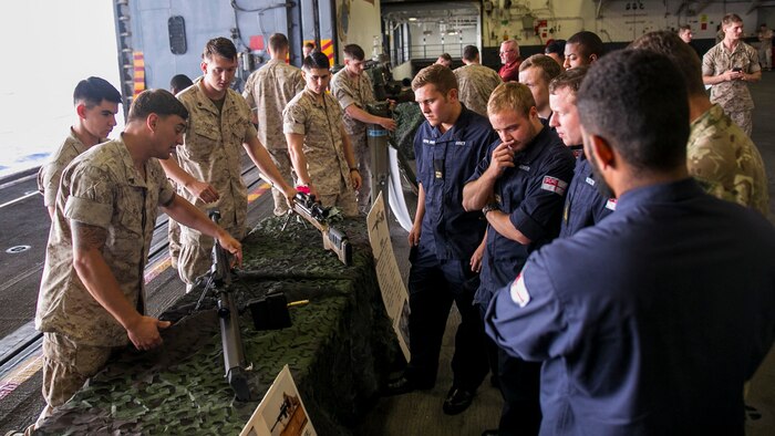 U.S. Marine Corps Lance Cpl. Charlie Wheeler, right, a motor transportation operator with the 22nd Marine Expeditionary Unit, gives a presentation on the M2 .50 caliber machine gun to British Royal Navy sailors with the HMS Lancaster during a tour aboard the amphibious assault ship USS Wasp (LHD 1) while out at sea April 30, 2015. Marines and U.S. Navy sailors with the 22nd MEU from Marine Corps Base Camp Lejeune, North Carolina, participated in Navy Week 2015 in New Orleans April 23-29 and Fleet Week Port Everglades, Florida, May 4-10. The purpose of Navy Week was to showcase the strength and capabilities of the Navy-Marine Corps team through tours, static displays and community relations events, providing the public the opportunity to meet and interact with Marines and sailors. (U.S. Marine Corps photo by Sgt. James R. Smith/Released)