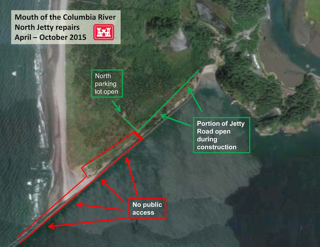 The U.S. Army Corps of Engineers continues critical maintenance on the jetty system at the Mouth of the Columbia River. The fenced area near and on the North Jetty in Cape Disappointment State Park, Washington, is an active construction site and off limits to the general public. Construction is expected to be complete by October 2015.