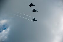 Four F-35A Lightning IIs prepare to land after a training mission over Eglin Air Force Base, Fla., April 23, 2015. Royal Australian Air Force Squadron Leader Andrew Jackson made history as the first Australian pilot to fly in the F-35A. The fifth-generation aircraft will meet Australia’s future air combat and strike needs, providing a networked force-multiplier effect in terms of situational awareness and combat effectiveness. (U.S. Air Force photo/Staff Sgt. Marleah Robertson)