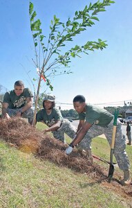 From the left, Spc. Marc Williams, Staff Sgt. Michelle Kendrick and Pvt. Michael Johnson, all of the Georgia National Guard, plant one of two cherry trees along the fence surrounding Macon’s historic Fort Hawkins.