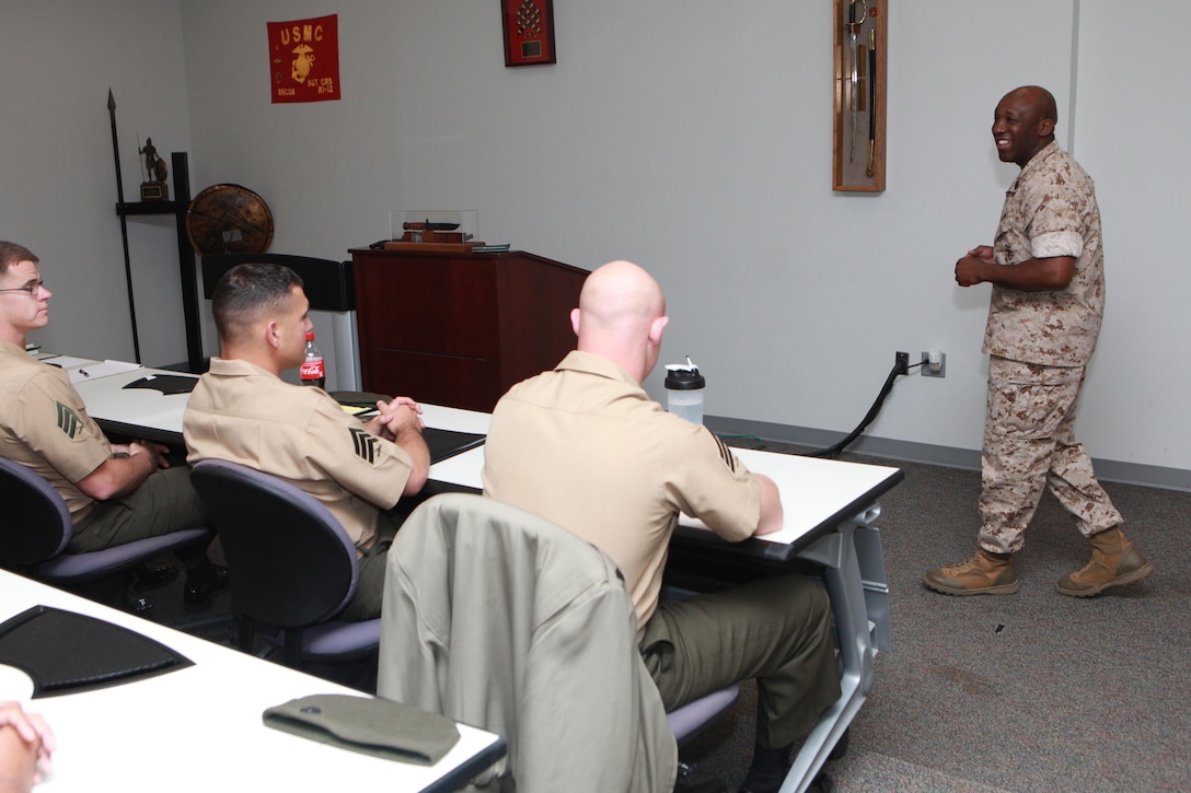 Sgt. Maj. Ronald L. Green, the 18th Sergeant Major of the Marine Corps, addresses Marines attending the Sergeants Course at the Staff Non-Commissioned Officers Academy in Quantico, Va., April 27, 2015. (U.S. Marine Corps photo by Sgt. Marionne T. Mangrum)