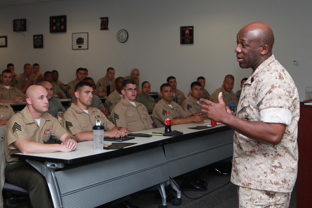 Sgt. Maj. Ronald L. Green, the 18th Sergeant Major of the Marine Corps, addresses Marines attending the Sergeants Course at the Staff Non-Commissioned Officers Academy in Quantico, Va., April 27, 2015. (U.S. Marine Corps photo by Sgt. Marionne T. Mangrum)