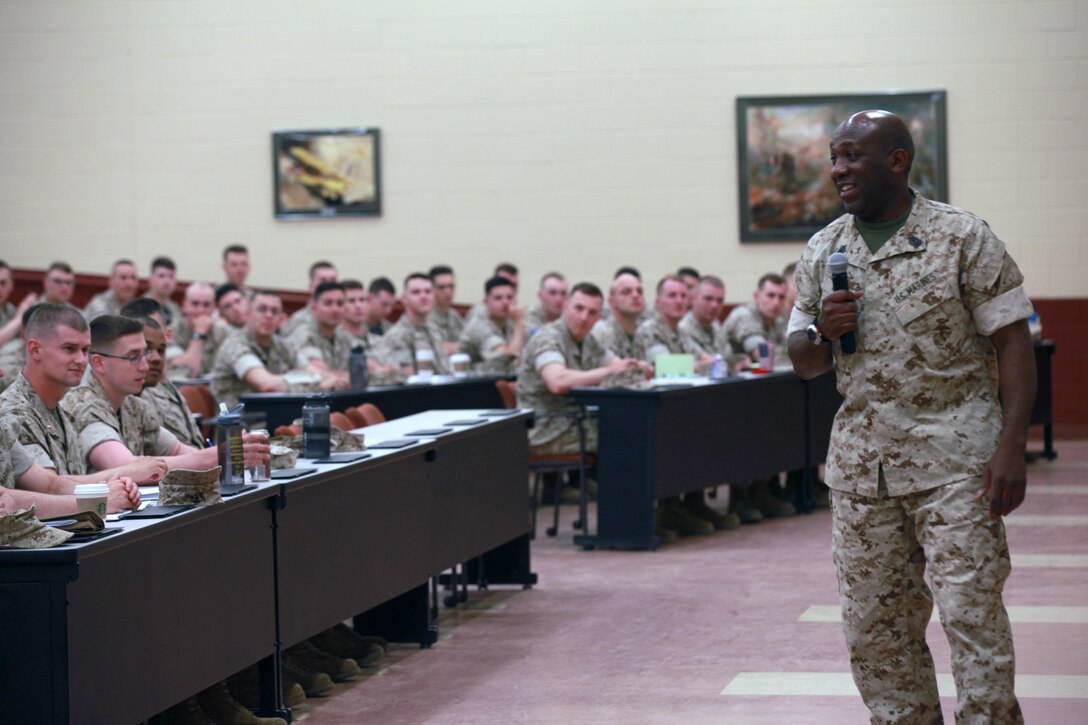 Sgt. Maj. Ronald L. Green, the 18th Sergeant Major of the Marine Corps, addresses students attending The Basic School at Marine Corps Base Quantico, Va., on April 21, 2015. (U.S. Marine Corps photo by Sgt. Marionne T. Mangrum)