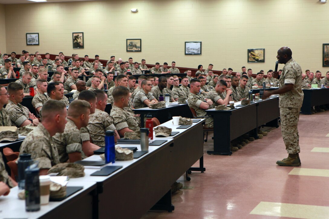 Sgt. Maj. Ronald L. Green, the 18th Sergeant Major of the Marine Corps, addresses students attending The Basic School at Marine Corps Base Quantico, Va., on April 21, 2015. (U.S. Marine Corps photo by Sgt. Marionne T. Mangrum)