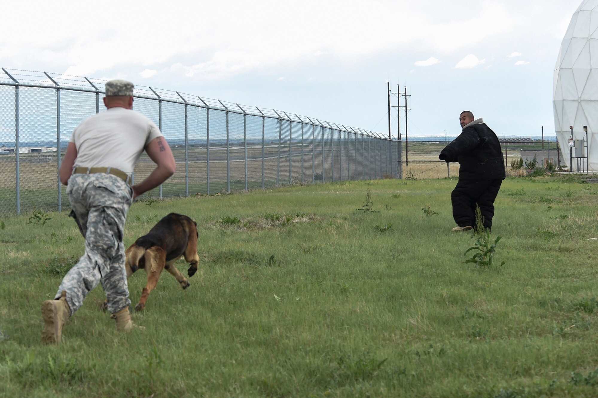 A military working dog handler releases his MWD to detain a threat at the Cpl. David Sonka Memorial Competition May 3, 2015, at the 460th Security Forces training field on Buckley Air Force Base, Colo. The weekend’s events were held to honor the life of Sonka, a U.S. Marine Corps Military Working Dog handler who was killed in action in Afghanistan May 4, 2013. The weekend’s events included a motorcade to his grave, two memorial services, the reading of the names of all MWD and MWD handlers killed in action during Vietnam and recent years, a BBQ, and concluded with a multi-service dog handling competition. (U.S. Air Force photo by Senior Airman Phillip Houk/Released)