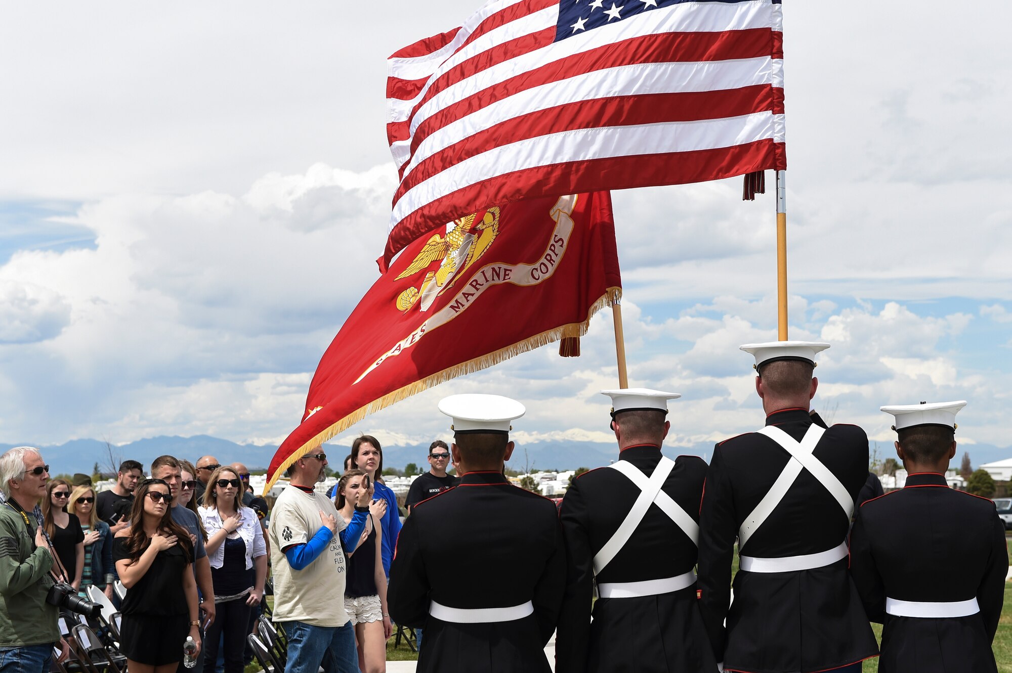 The U.S. Marine Corps Color Guard presents the colors during Cpl. David Sonka’s Memorial Service May 2, 2015, at the Colorado Freedom Memorial in Aurora, Colo.  The weekend’s events were held to honor the life of Sonka, a U.S. Marine Corps Military Working Dog handler who was killed in action in Afghanistan May 4, 2013. The weekend’s events included a motorcade to his grave, two memorial services, the reading of the names of all MWD and MWD handlers killed in action during Vietnam and recent years, a BBQ, and concluded with a multi-service dog handling competition. (U.S. Air Force photo by Senior Airman Phillip Houk/Released)
