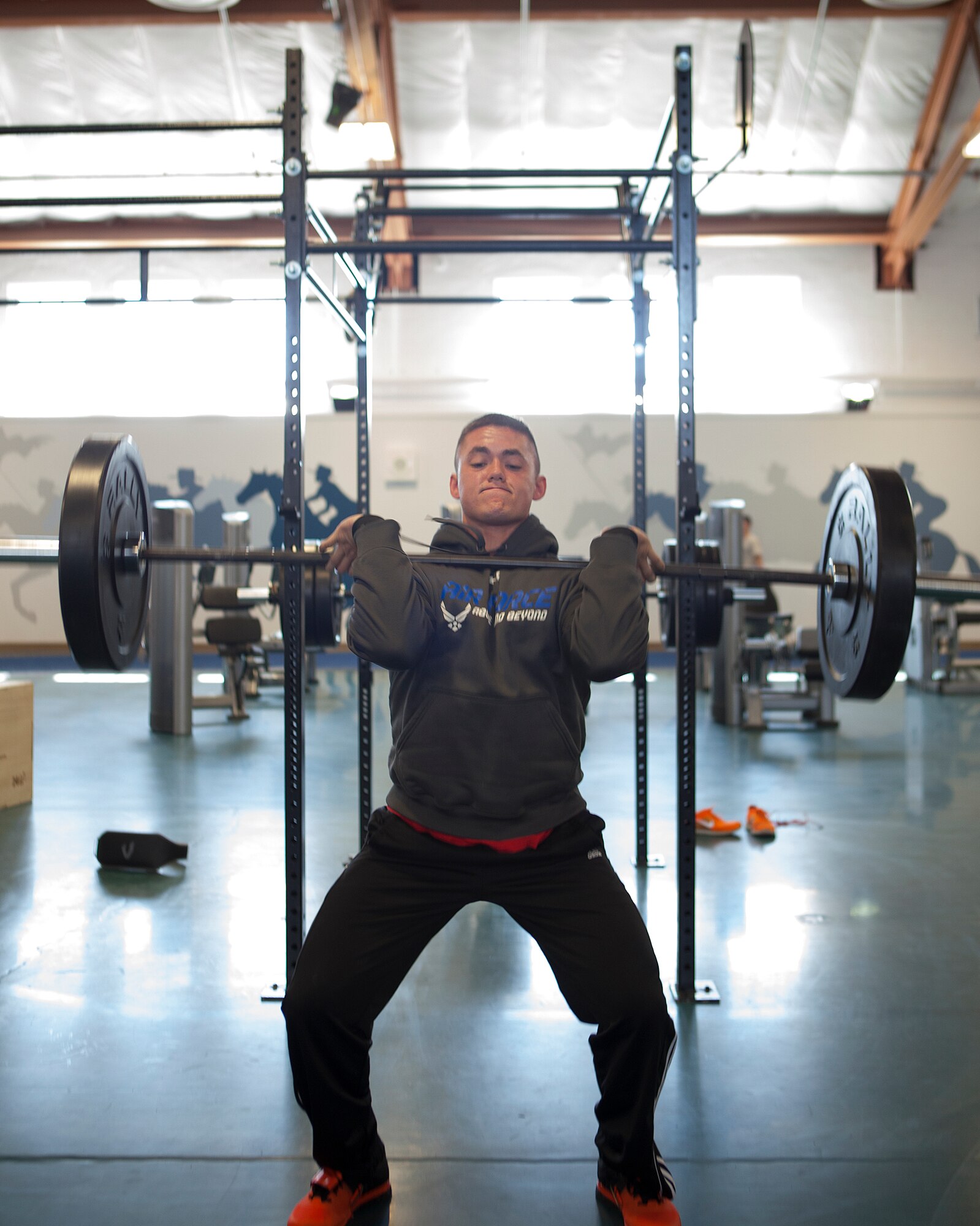 Airman 1st Class Clayton Foster, 790 Missiles Security Forces Squadron response force leader, works out with the new endurance training equipment at the Independence Hall Fitness Center, F.E. Warren Air Force Base, Wyo., on Apr. 30,2015. The equipment gives an all-around exercise for Airmen.  (U.S. Air Force photo by Lan Kim)