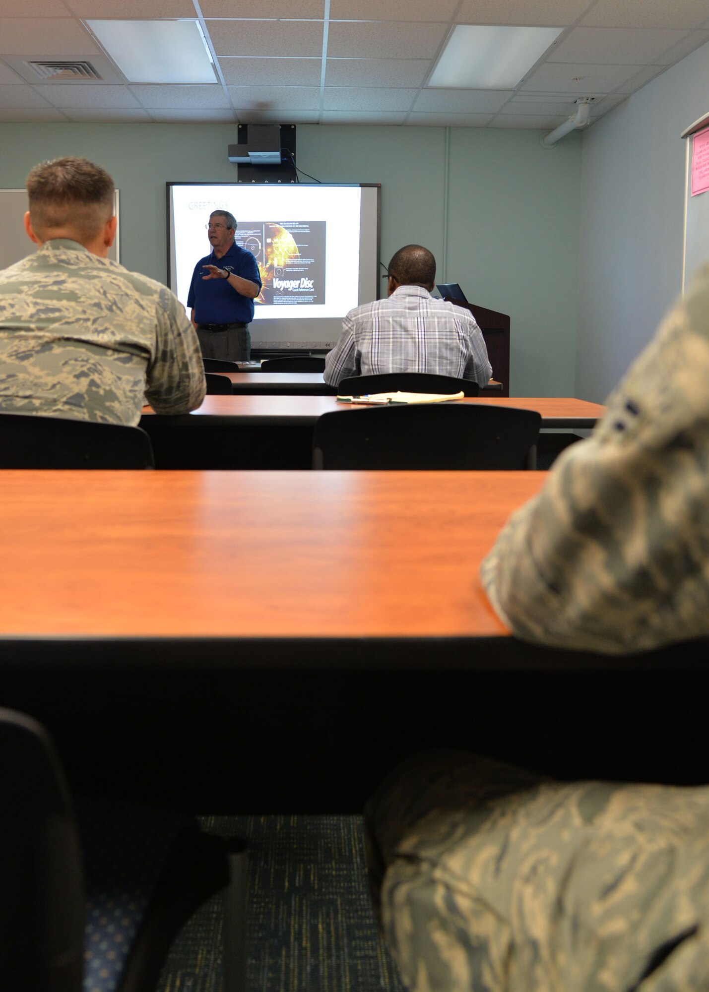 Nick Ham, deputy chief of staff for aerospace education for the pacific region of the Civil Air Patrol, conducts Civil Air Patrol’s aerospace education member training to Airmen on Joint Base Pearl Harbor-Hickam, Hawaii, April 28, 2015. The Airmen who attended the training, which introduce them to basic teaching techniques giving them the skills to teach elementary school students, will become aerospace education members for the CAP U.S. Air Force photo by Tech. Sgt. Aaron Oelrich/Released)   