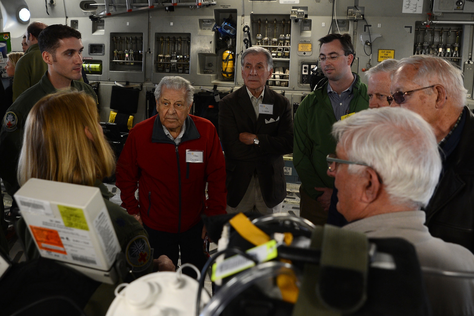 Members of the Seattle 4 Rotary Club learn about the aeromedical evacuation mission of the 446th Airlift Wing April 30, 2015, at Joint Base Lewis-McChord, Wash. The rotary club members toured a C-17 Globemaster III and received information about the various missions performed at McChord. (U.S. Air Force photo\Staff Sgt. Tim Chacon)