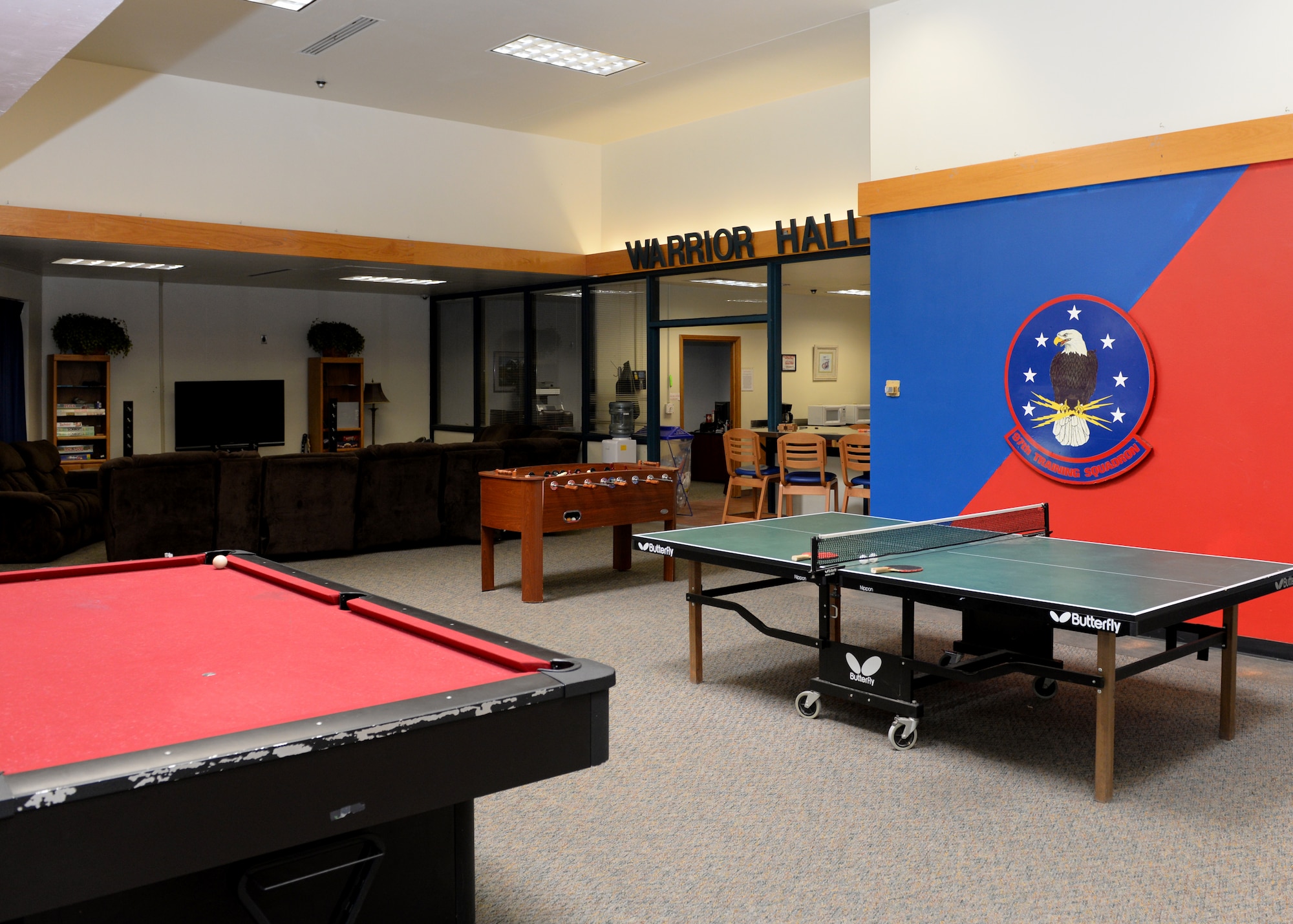ALTUS AIR FORCE BASE, Okla. – The dayroom in Building 213 offers students couches, TVs, games, a full kitchen and more for student. The dorm provides all students with separate rooms, a laundry room, and is centrally located, giving students easy access to the chapel, bowling alley and other facilities. (U.S. Air Force photo by Airman 1st Class Nathan Clark)