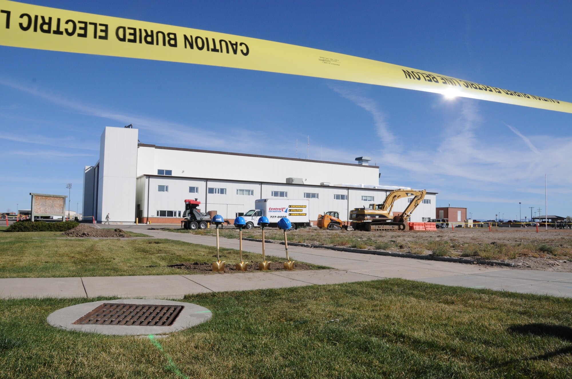 Shovels sit where ground was broken for a C-130 consolidated maintenance hangar construction site at the 120th Airlift Wing, Montana Air National Guard, Great Falls, Mont. Oct. 17.  Construction of the hangar is expected to take one year. (Montana Air National Guard photo/Maj. Cody Smith) 
