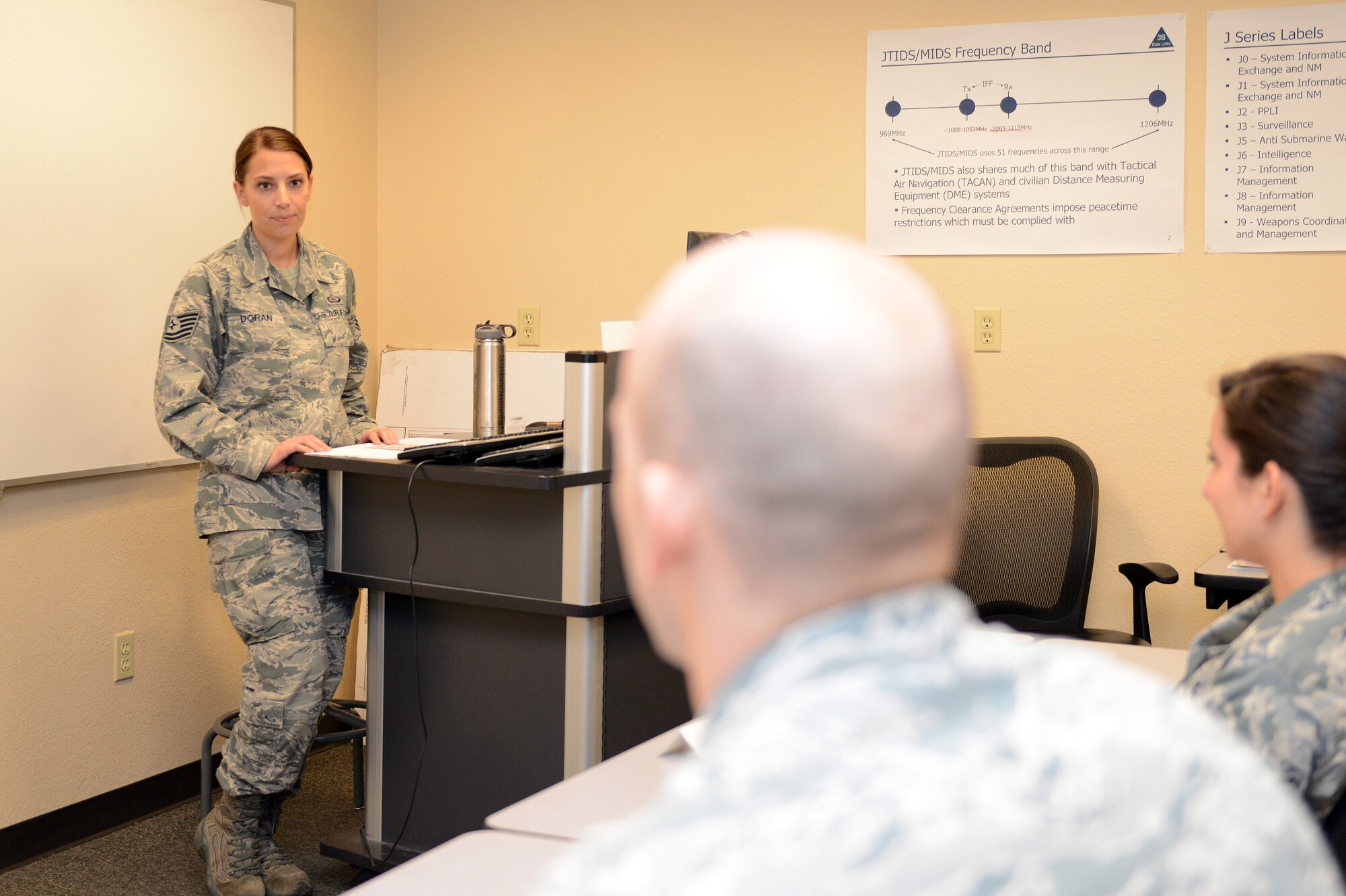 Tech. Sgt. Brittany Doran, 607th Air Control Squadron NCO-in charge battle management instructor training craftsman, talks to Airmen April 15 about the resources available through the Sexual Assault Prevention and Resource office at Luke Air Force Base. Doran is a victim advocate. Victim advocates are available to those who have gone through the traumatic experience of a sexual assault. (U.S. Air Force photo by Senior Airman James Hensley)