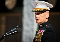 Marine Corps Lt. Gen. William Faulkner, deputy commandant of installations and logistics, speaks to the crowd during the Explosive Ordnance Disposal’s 46th Annual Memorial Service at the Kauffman EOD Training Complex at Eglin Air Force Base, Fla., May 2.  Faulkner was the guest speaker of the event.  Eight names of Army, Marine and Navy service members were added to the EOD memorial wall. The all-service total now stands at 314.  (U.S. Air Force photo/Tech. Sgt. Samuel King Jr.)
