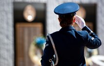 Airman 1st Class Natalie Beers, Eglin Honor Guard, salutes after playing Taps during the 46th Annual EOD Memorial Service at the Kauffman EOD Training Complex at Eglin Air Force Base, Fla., May 2.  The Army, Marines and Navy added eight new names this year.  The all-service total now stands at 314.  (U.S. Air Force photo/Tech. Sgt. Samuel King Jr.)