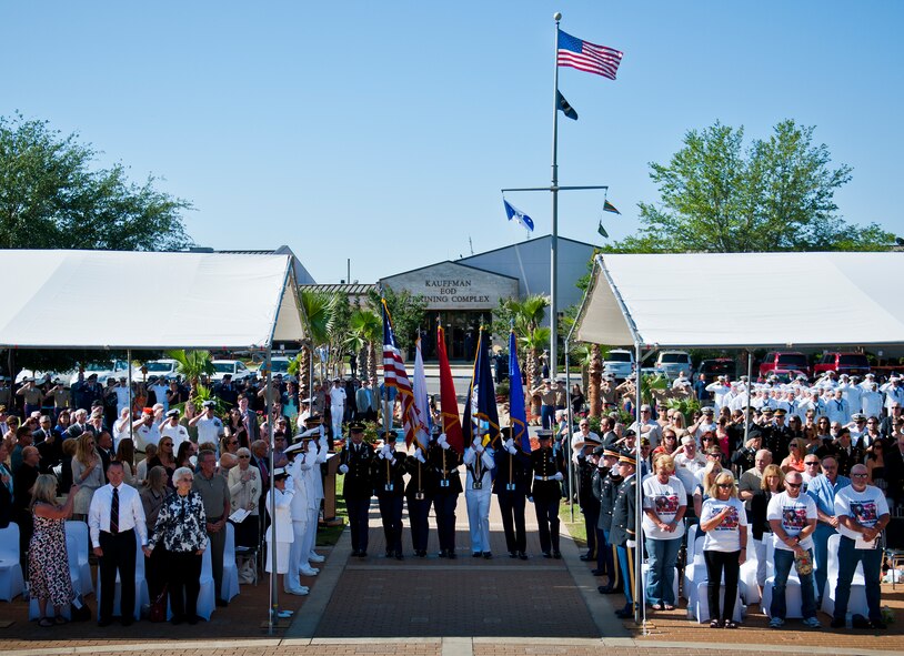 A joint-service color guard brings in the colors at the beginning of the 46th Annual EOD Memorial Service at the Kauffman EOD Training Complex at Eglin Air Force Base, Fla., May 2.  The Army, Marines and Navy added eight new names this year.  The all-service total now stands at 314.  (U.S. Air Force photo/Tech. Sgt. Samuel King Jr.)