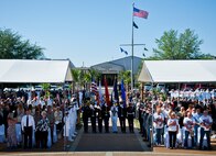 A joint-service color guard brings in the colors at the beginning of the 46th Annual EOD Memorial Service at the Kauffman EOD Training Complex at Eglin Air Force Base, Fla., May 2.  The Army, Marines and Navy added eight new names this year.  The all-service total now stands at 314.  (U.S. Air Force photo/Tech. Sgt. Samuel King Jr.)