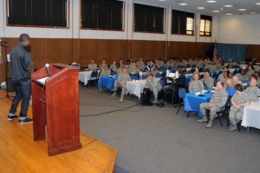 Justin Forsett, Baltimore Ravens running back, speaks at the 459th Air Refueling Wing’s first prayer breakfast in the 459 wing auditorium at Joint Base Andrews, Md., May 2, 2015.  Forsett shared his life story about his faith in God in times of uncertainty throughout his football career. (U.S. Air Force photo/ Tech. Sgt. Brent Skeen)