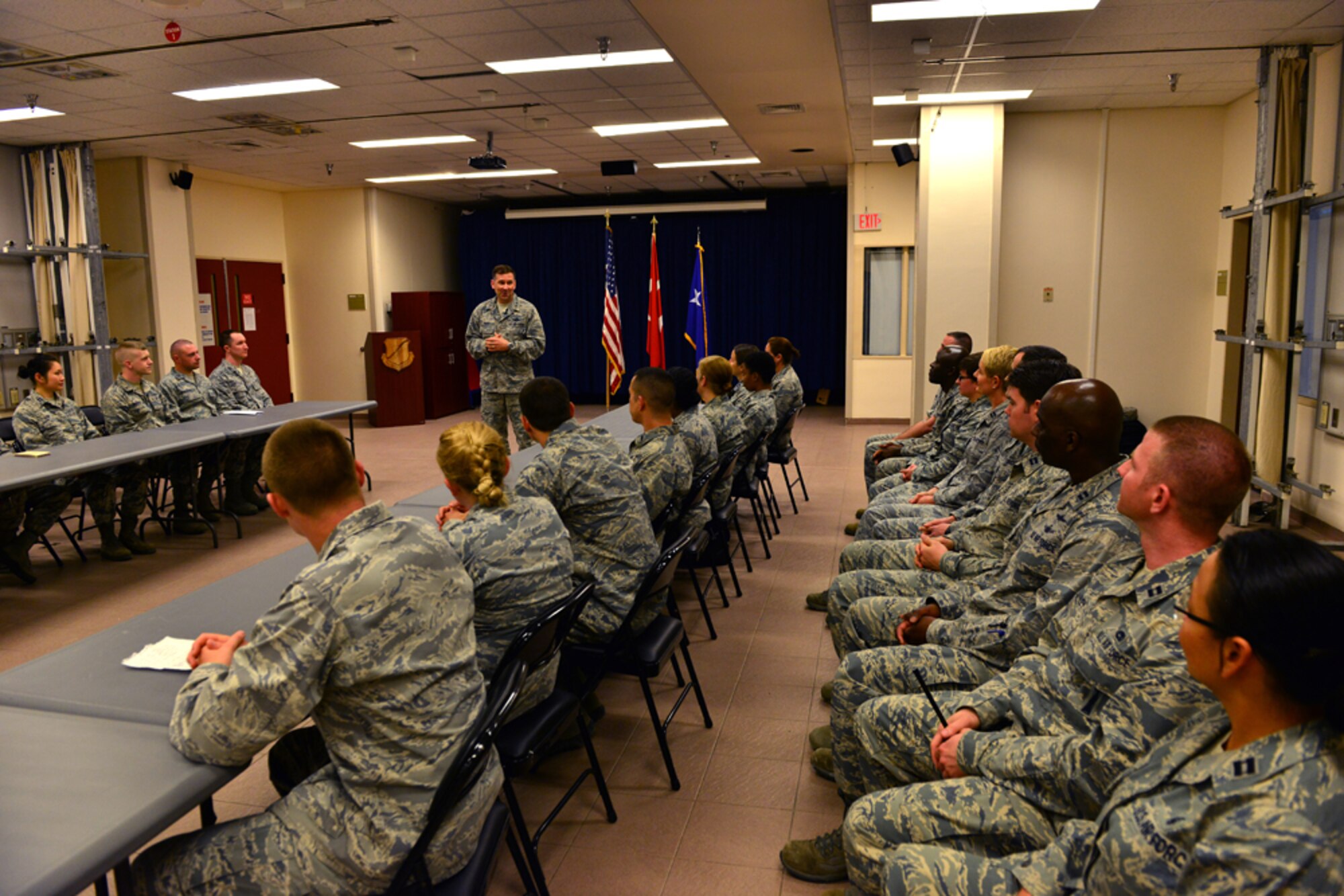 Maj. Gen. Christopher Bence, 3rd Air Force and 17th Expeditionary Air Force vice commander, speaks to company grade officers during an all call April 28, 2015 at Incirlik Air Base, Turkey. Bence spoke to Airmen about issues concerning the mission as well as changes in the Air Force. (U.S. Air Force photo by Senior Airman Michael Battles/Released)
