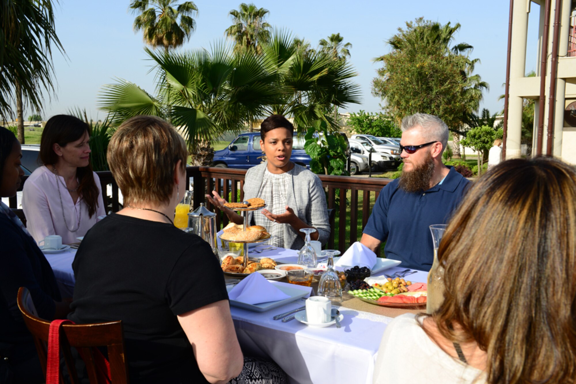 Tonya Wright, spouse of Chief Master Sgt. Kaleth Wright, 3rd Air Force and 17th Expeditionary Air Force command chief, met with Incirlik Key Spouses during a breakfast April 28, 2015 at Incirlik Air Base, Turkey. Wright visited with spouses and toured facilities that support Airmen and their families at Incirlik. (U.S. Air Force photo by Staff Sgt. Eboni Reams/Released)