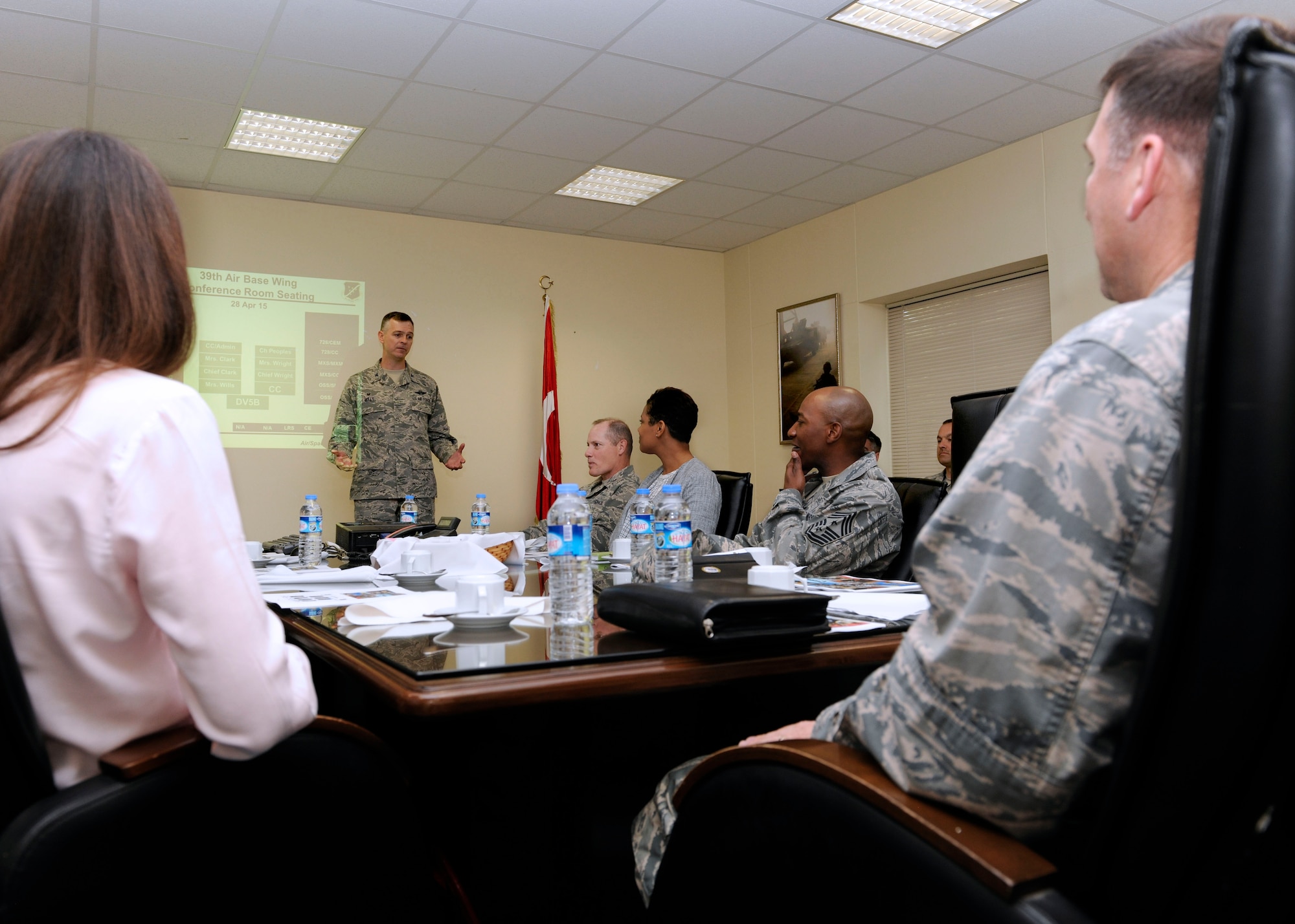 Col. Craig Wills, 39th Air Base Wing Commander, briefs Maj. Gen. Christopher Bence, 3rd Air Force and 17th Expeditionary Air Force vice commander, and Chief Master Sgt. Kaleth Wright, 3rd Air Force and 17th Expeditionary Air Force command chief, on the 39th ABW mission April 28, 2015 at Incirlik Air Base, Turkey. The 3rd Air Force leadership spoke to Airmen and their families, toured facilities and held officer and enlisted all calls.  (U.S. Air Force photo by Senior Airman Krystal Ardrey/Released)
