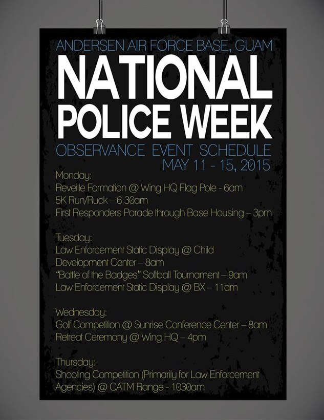 Police Week Events

Did you know that National Police Week is just a few days away? 
Click on the photo to see where this years events will take place.

You can also view the full schedule by using the My MC2 app! 

For more information about the various events, call 366-2735.