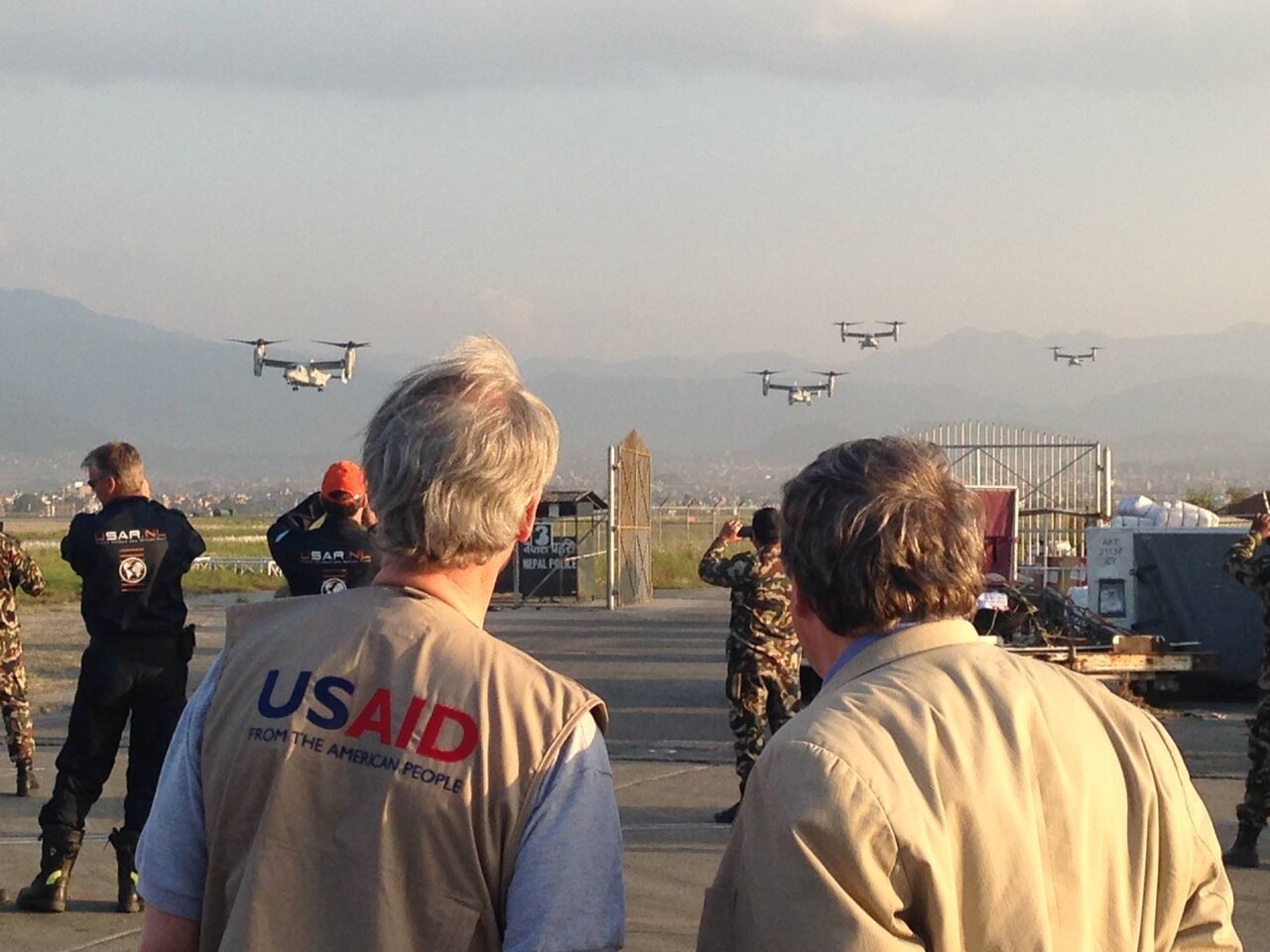 U.S. Marine Corps MV-22B Ospreys arrive at Tribhuvan International Airport in Kathmandu, Nepal, May 3. The Marines also brought a UH-1Y Huey, tools and equipment in response to the Nepalese government’s request for assistance after a magnitude 7.8 earthquake April 25. The aircraft are with Marine Medium Tiltotor Squadron 262, Marine Aircraft Group 36, 1st Marine Aircraft Wing, III Marine Expeditionary Force. Courtesy photo by Natalie Hawwa, USAID/OFDA