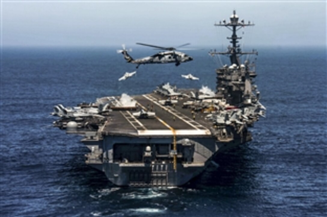 An MH-60S Knight Hawk performs plane guard operations near the USS John C. Stennis in the Pacific Ocean, May 1, 2015. The Knight Hawk is assigned to Helicopter Sea Combat Squadron 14.
