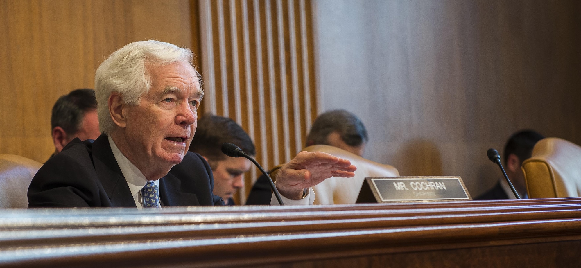 Sen. Thad Cochran, R-Miss., Chairman, Senate Appropriations Committee, Subcommittee on Defense, asks Chief of the Air Force Reserve Lt. Gen. James Jackson a question, during a hearing on the fiscal year 2016 funding request and budget justification for the United States National Guard and Reserve, Washington, D.C., April 29, 2015.  Among others, Jackson testified before the Senate with Director of the Air National Guard Lt. Gen. Stanley E. Clark III.  (U.S. Air Force photo/Jim Varhegyi)                                                                                                                                                                                                                                                                                                                                                                                                                                                                                                                                                                                 