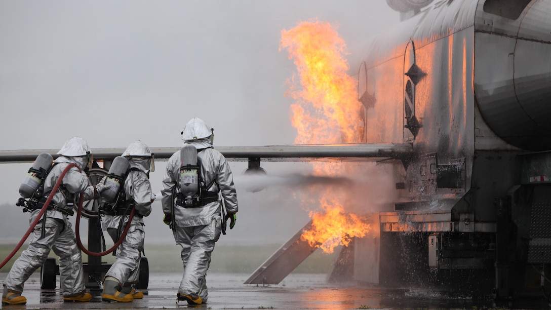 Marines with Aircraft Rescue and Firefighting partnered with members of the Wilmington Fire Department during training at Marine Corps Air Station Cherry Point, North Carolina, April 30, 2015. Numerous firefighting exercises were conducted during the training session.