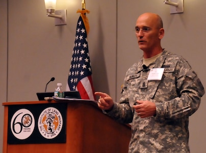 Army Staff Sgt. William Jones of the Nebraska Army National Guard speaks to attendees at the annual conference of the Association of the U.S. Army in Washington, D.C., about his experiences as a deployed member of an Agribusiness Development Team Afghanistan, Oct. 25, 2010. ADTs are deployed to work with local Afghan farmers to develop more efficient farming practices as well as improve ways that local farmers can get their produce to market as a way to ensure long-term stability in the region.