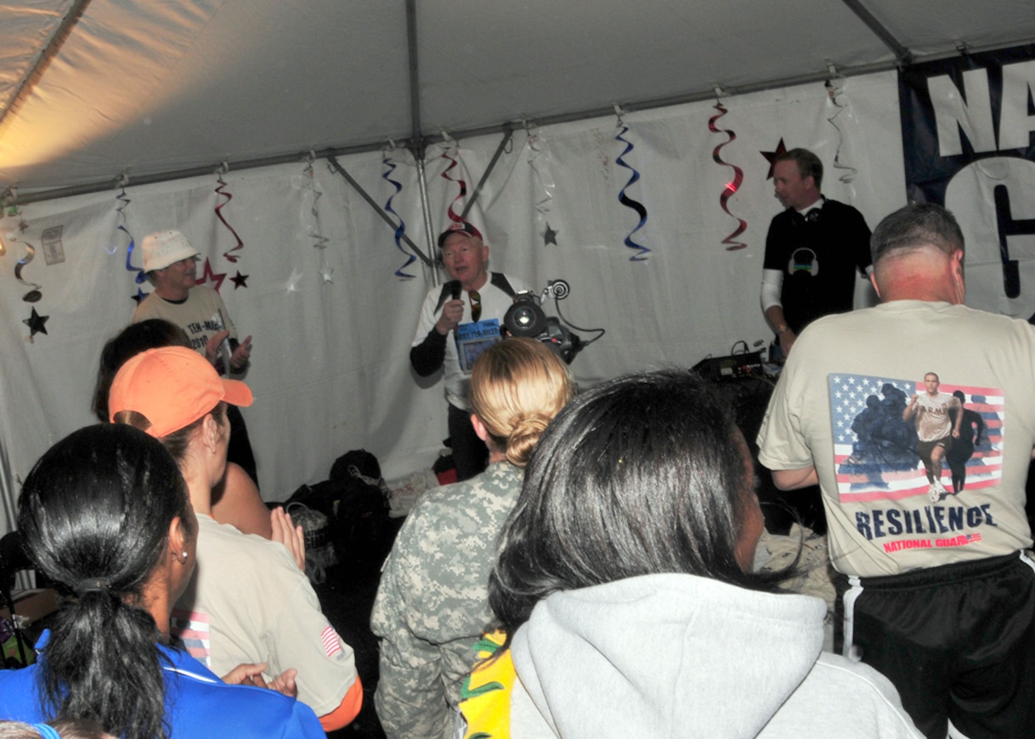 Army Maj. Gen. Raymond Carpenter, acting director of the Army National Guard, gives a pre-race pep talk to Guard runners and volunteers at the Army Ten-Miler held in Washington, D.C., Oct. 24, 2010. A record 1,788 Guard runners participated in the 26th annual event.