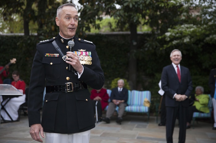 Gen. Joseph F. Dunford Jr., 35th commandant of the Marine Corps, speaks at the reception during an evening parade at Marine Barracks Washington, D.C., May 1, 2015. The parades, which are held Friday nights during the summer months, are a means of honoring senior officials, distinguished citizens, and supporters of the U.S. Marine Corps. (U.S. Marine Corps photo by Lance Cpl. Alex A. Quiles/ Released)
