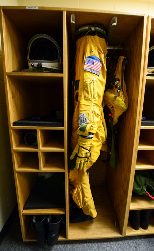 High-altitude fight gear belonging to Lt. Col. Luke Lokowich, 5th Reconnaissance Squadron commander and a U-2 pilot April 24, 2015, at Osan Air Base, Republic of Korea. U-2 pilots wear this gear when they do high-altitude reconnaissance mission flights. (U.S. Air Force photo by Senior Airman Matthew Lancaster)