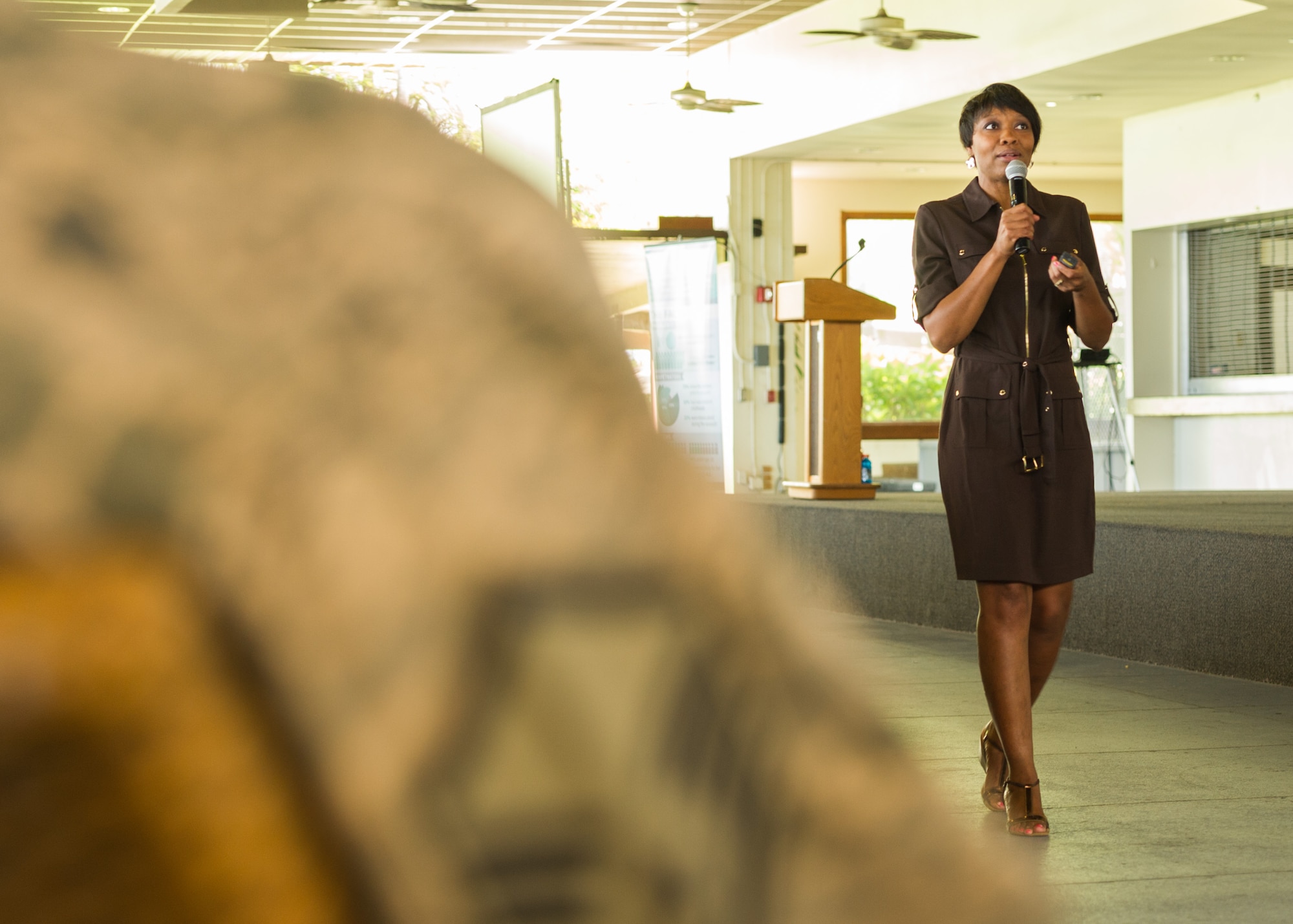 U.S. Air Force Machelle Terrell, 15th Wing installation sexual assault response coordinator,  briefs Air Force sexual assault statistics during Pacific Air Forces' Sexual Assault Prevention and Response training day, Joint Base Pearl Harbor-Hickam, Apr. 28, 2015.  The training is an annual training requirement for all Airmen and addressed a number of topics ranging from defining sexual harassment to  eliminating sexual assault in the Air Force through professional, respectful behavior.     (U.S. Air Force photo by Tech. Sgt. James Stewart/Released)