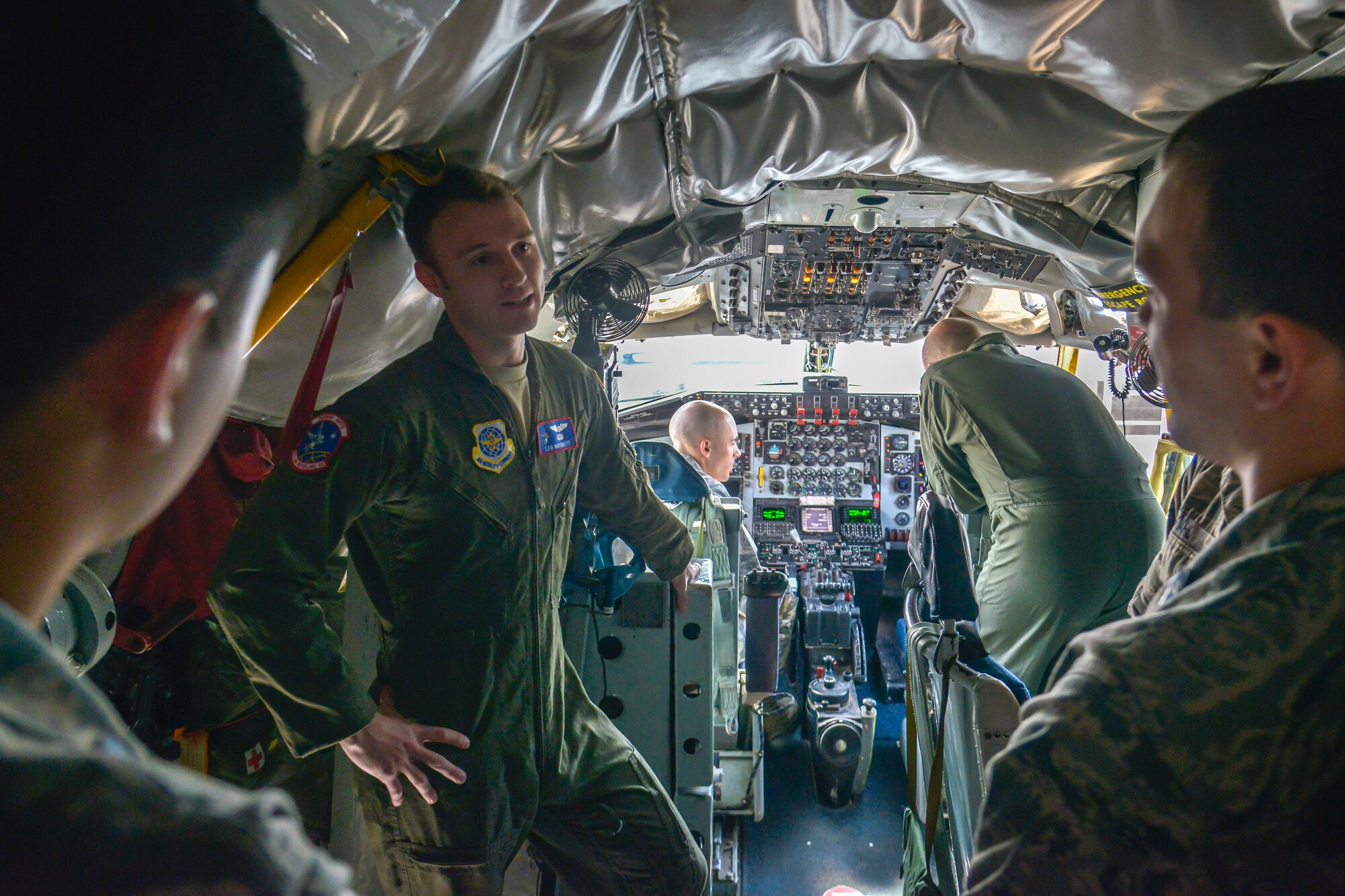 1st Lt. Leo Ricciotti, a 93rd Air Refueling Squadron copilot, shows Washington State University Air Force ROTC cadets the inner workings of a KC-135 Stratotanker’s cockpit during a tour of the base May 1, 2015, at Fairchild Air Force Base, Wash. Community engagement activities like these showcase Air Force capabilities to the public increasing trust, support and in the case of AFROTC, interest in joining the Air Force. (U.S. Air Force photo/Senior Airman Janelle Patiño)