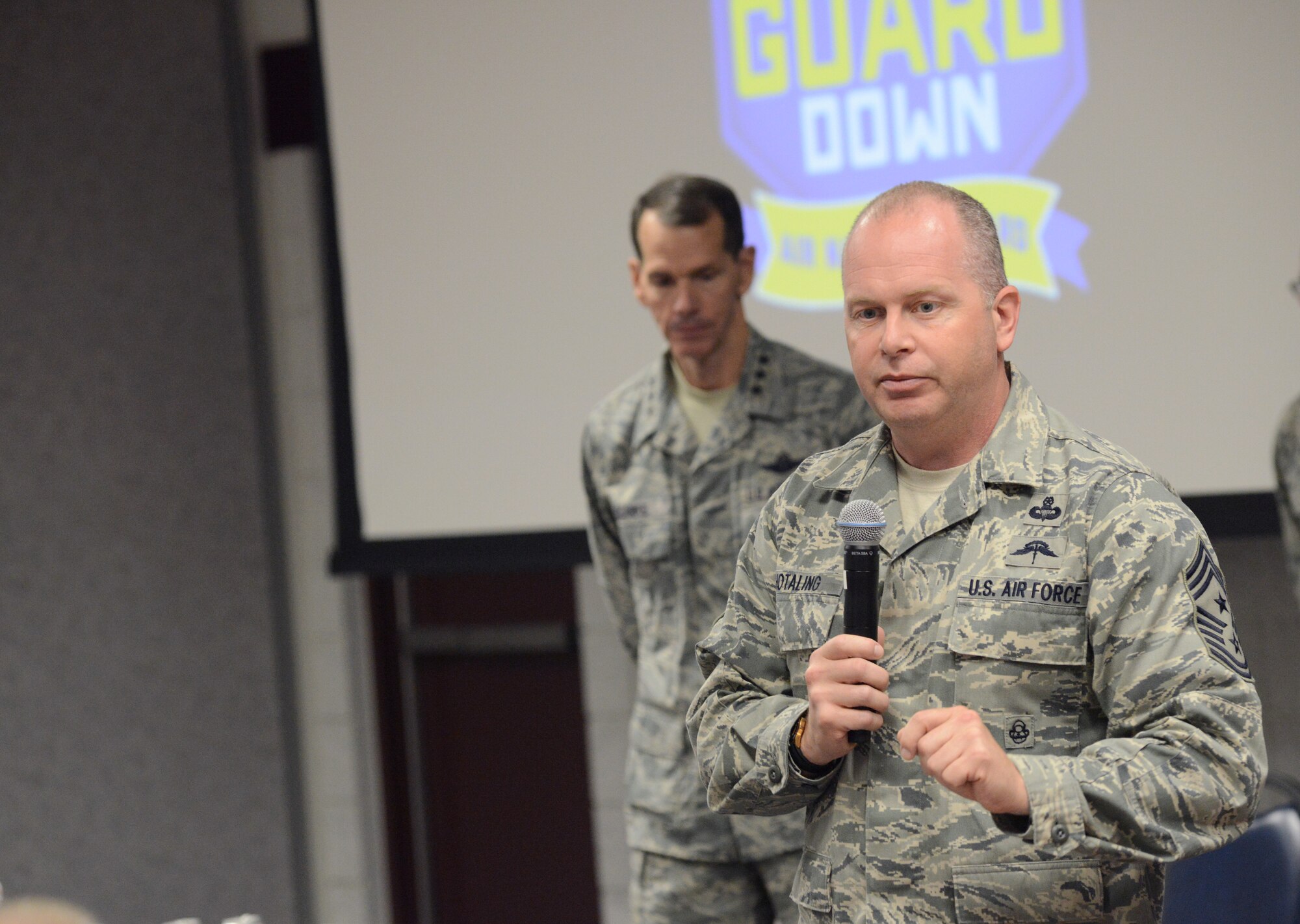 Chief Master Sgt. James W. Hotaling, command chief master sergeant of the Air National Guard, discusses issues currently faced across the ANG during the 2015 Air National Guard Executive Safety Summit held at Volk Field Combat Readiness Center, Wisconsin, May 5, 2015. The conference covers a wide range of topics for senior leaders including safety, resilience, risk management and mishap prevention. (US Air National Guard photo by Staff Sgt. John E. Hillier/RELEASED)