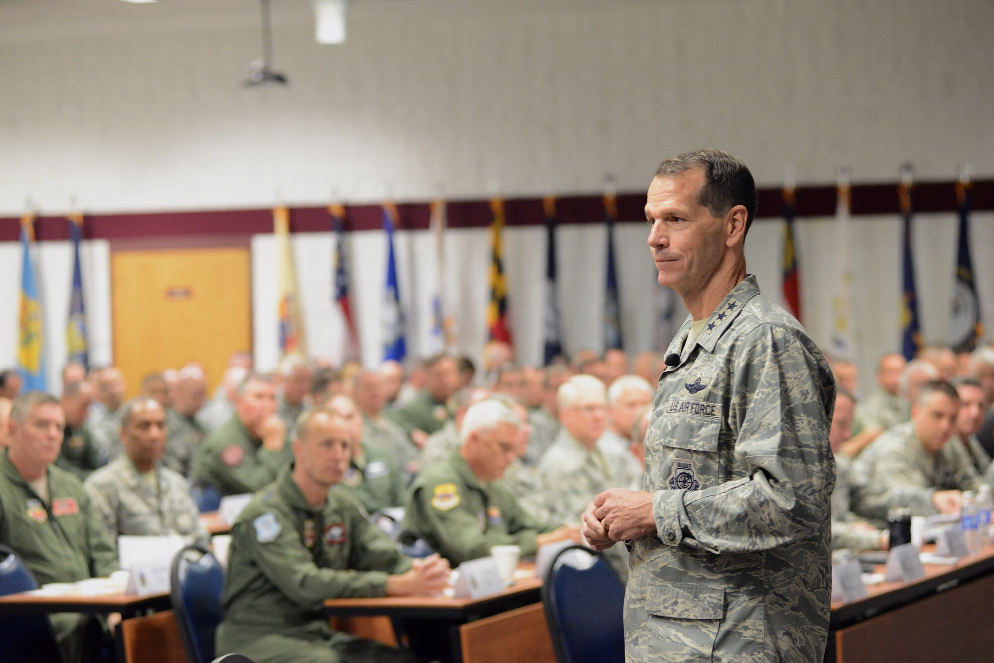 Director of the Air National Guard Lt. Gen. Stanley E. Clarke III delivers his opening remarks at the 2015 Air National Guard Executive Safety Summit at Volk Field Combat Readiness Training Center, Wisconsin, May 5, 2015. The conference covers a wide range of topics for ANG senior leaders including safety, resilience, risk management and mishap prevention. (US Air National Guard photo by Staff Sgt. John E. Hillier/RELEASED)