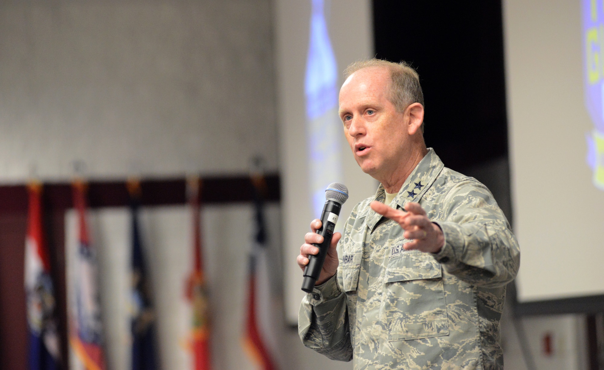 Maj. Gen. Donald P. Dunbar, the adjutant general of Wisconsin, delivers his opening remarks at the 2015 Air National Guard Executive Safety Summit at Volk Field Combat Readiness Training Center, Wisconsin, May 5, 2015. The conference covers a wide range of topics for ANG senior leaders including safety, resilience, risk management and mishap prevention. (US Air National Guard photo by Staff Sgt. John E. Hillier/RELEASED)